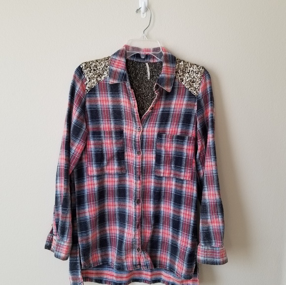 Free People Little Bit Of Sugar Top Plaid Sequin - Picture 2 of 7